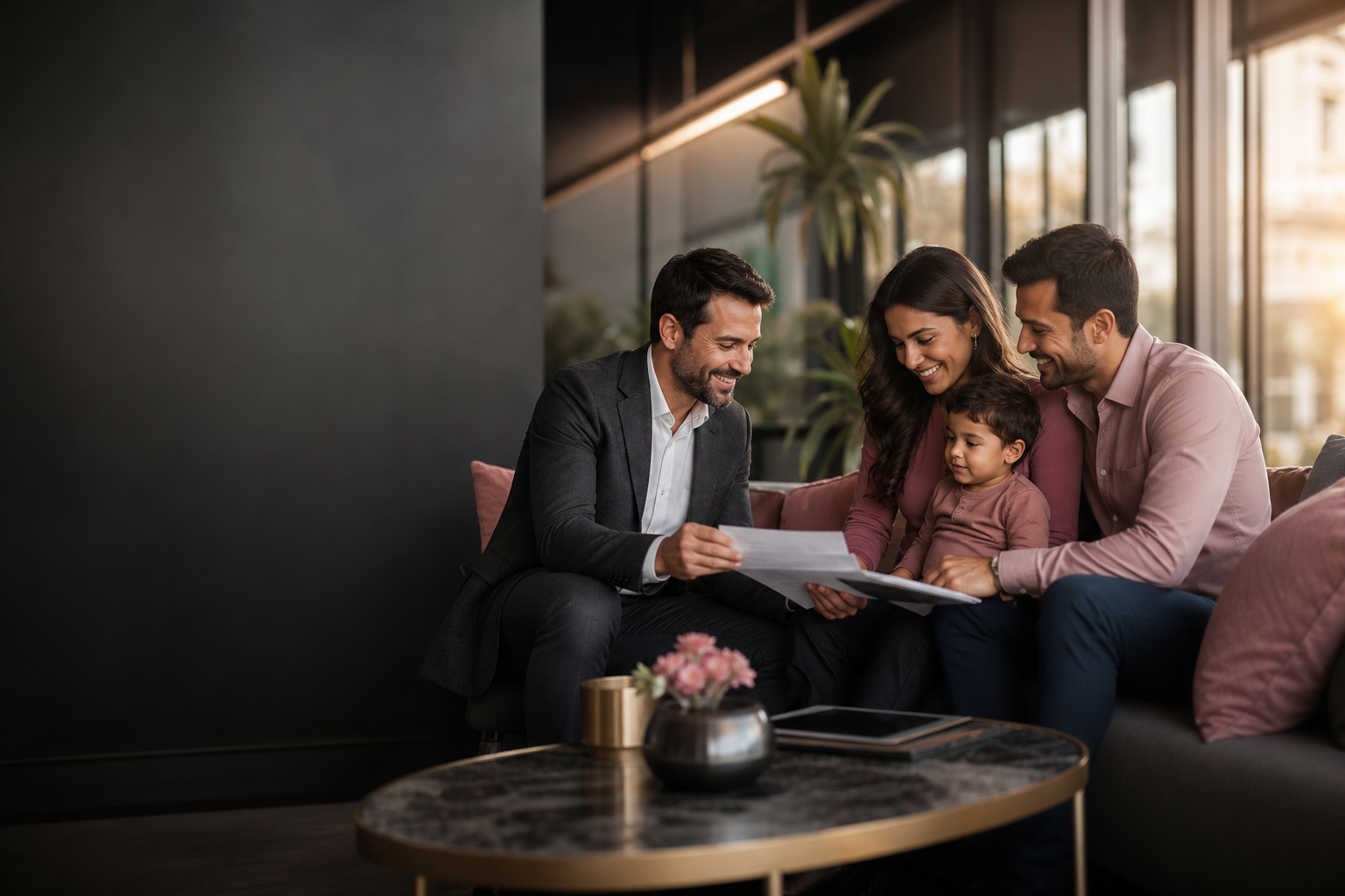 Consultor apresentando opções de plano de saúde para uma família em um escritório moderno