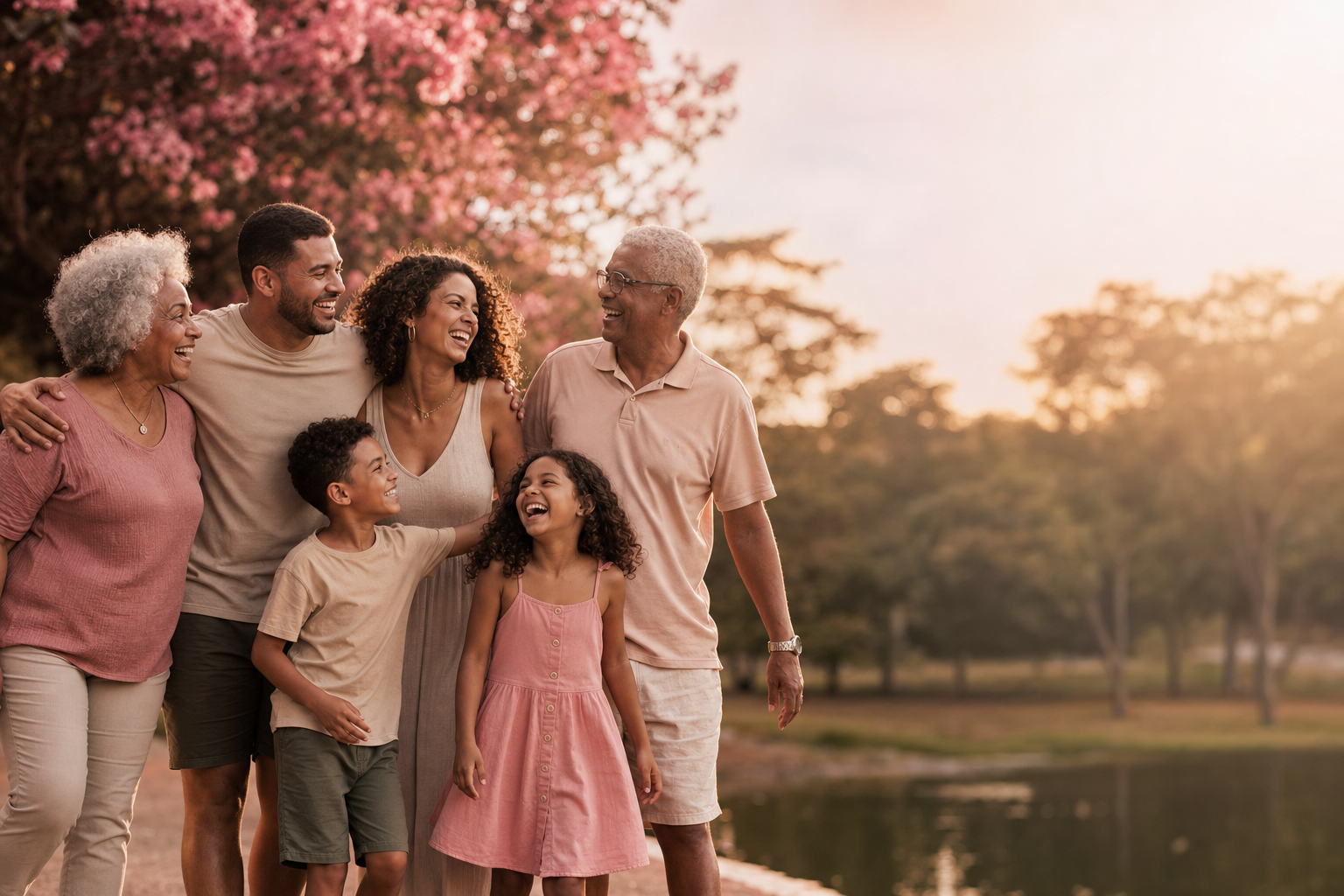 Família reunida sorrindo em um parque ao entardecer