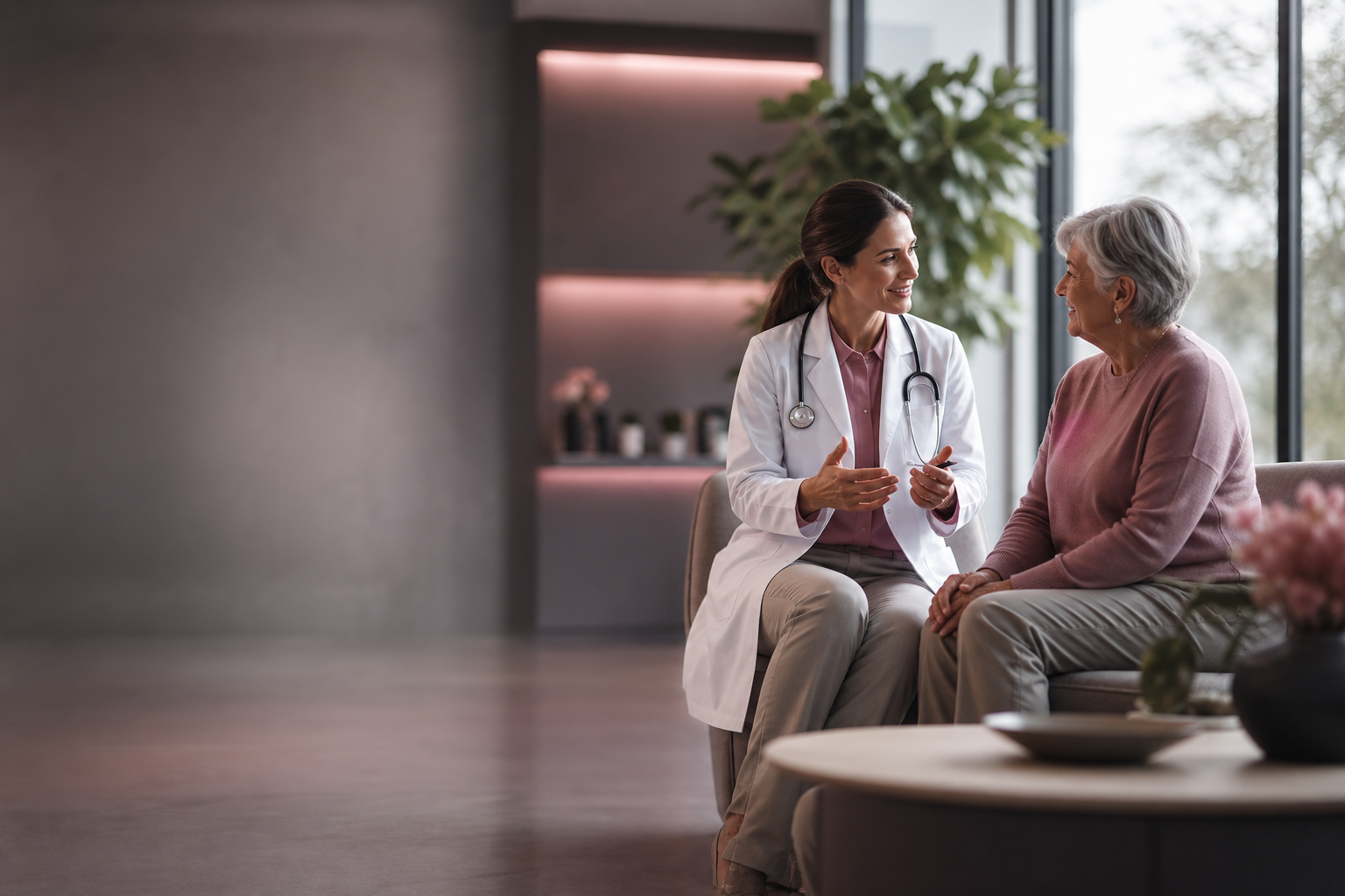 Médica conversando com uma paciente idosa em uma clínica moderna